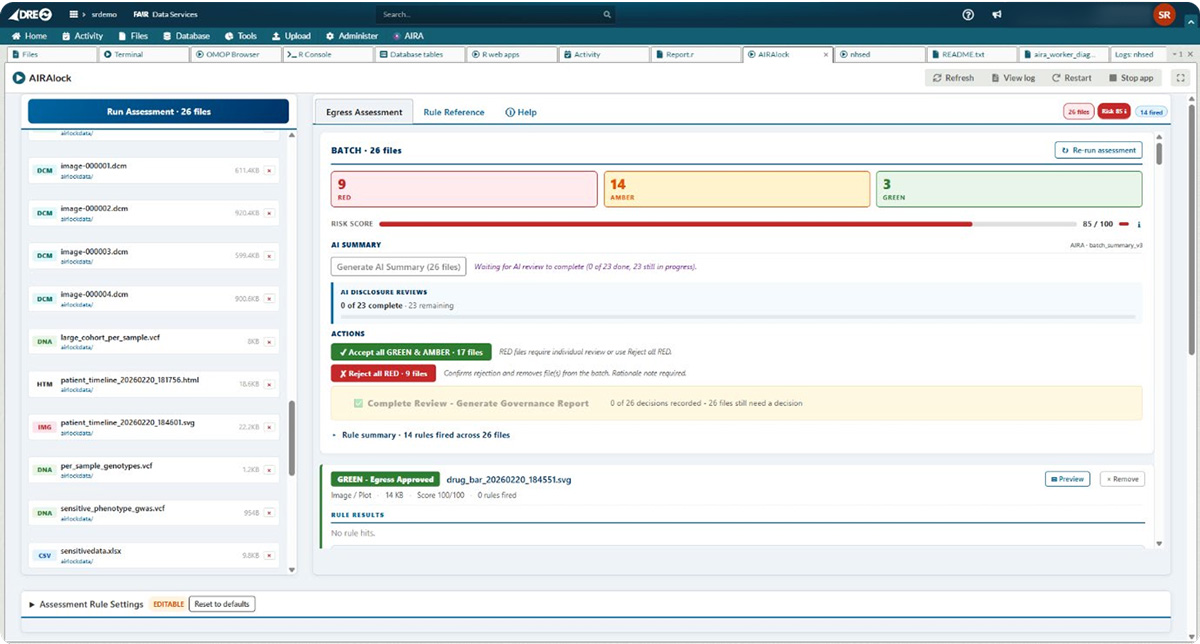 AIRAlock running inside a workspace, classifying a batch of files at egress.