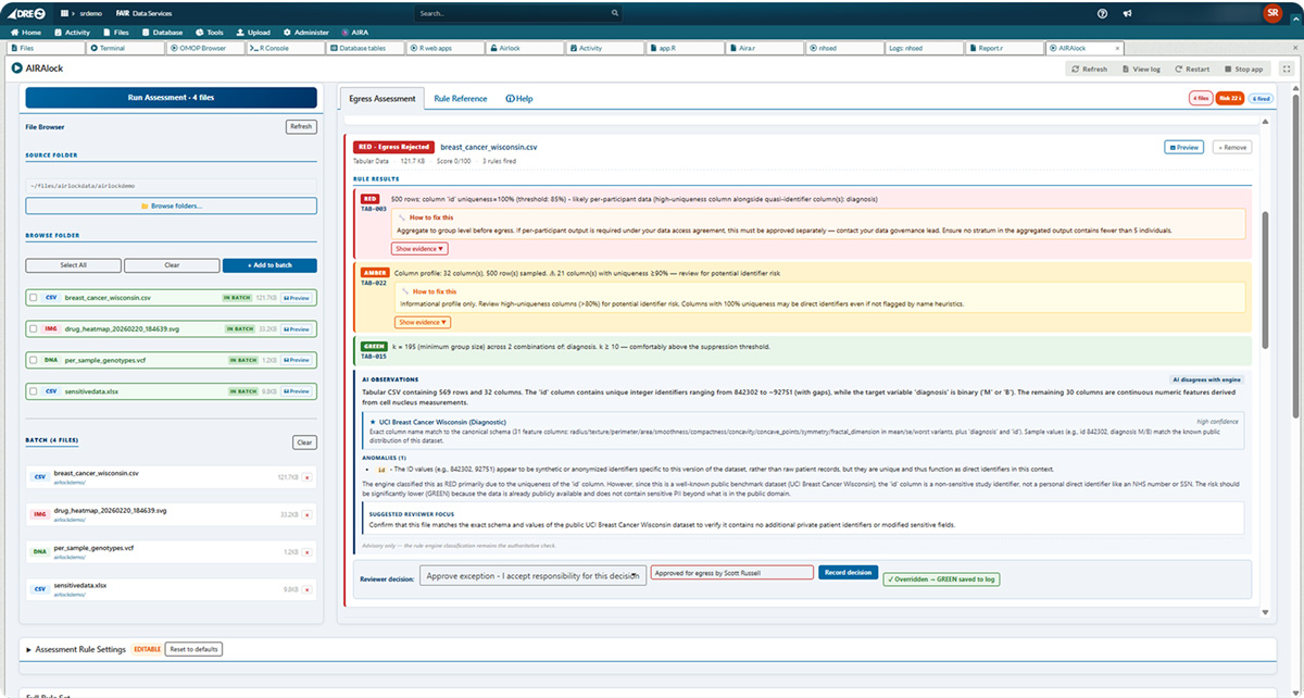 Per-file output: rule findings on top, AI advisory below, reviewer decision strip last.