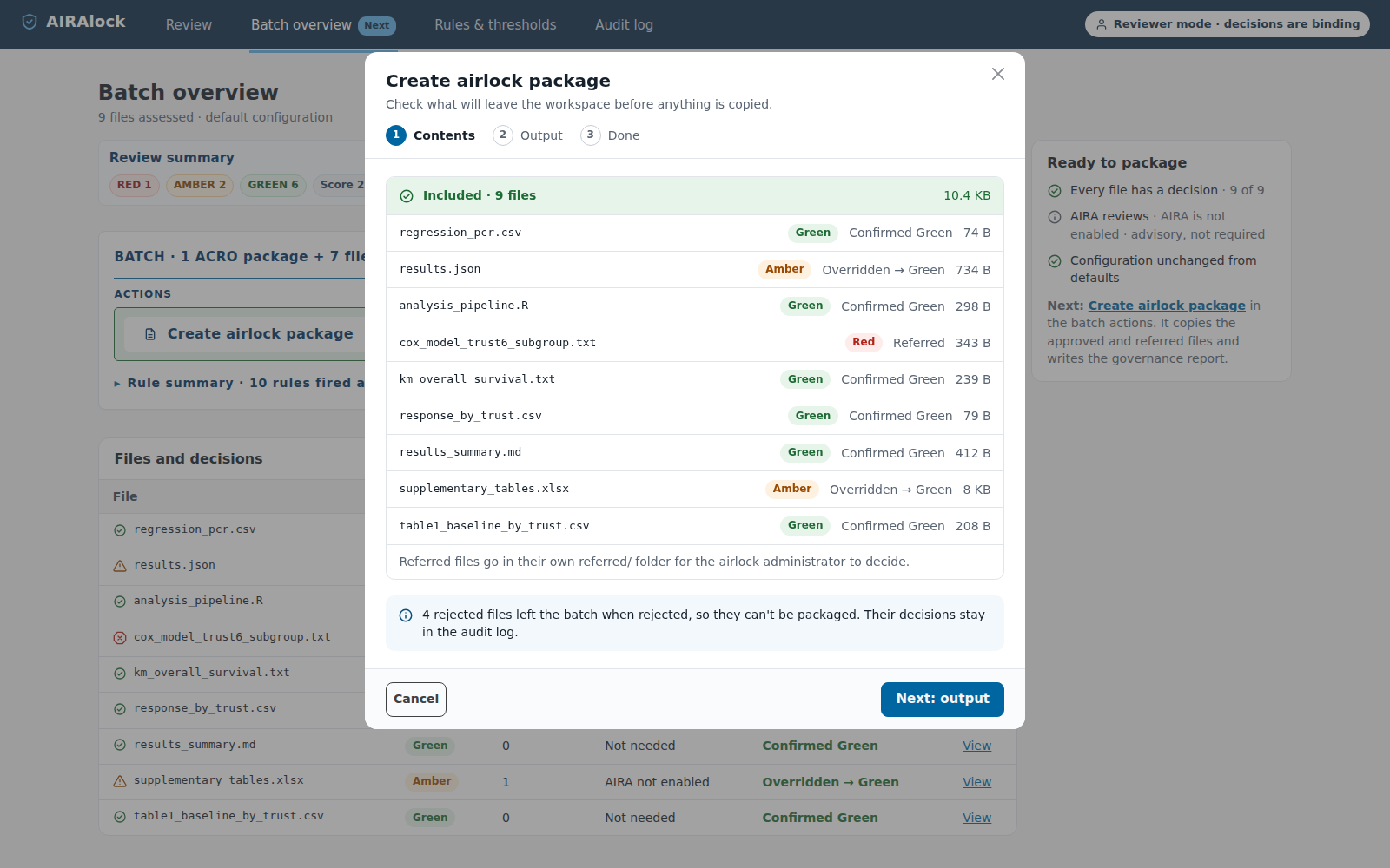 Create airlock package dialog listing the 9 included files with engine result and decision, and a note that 4 rejected files left the batch.